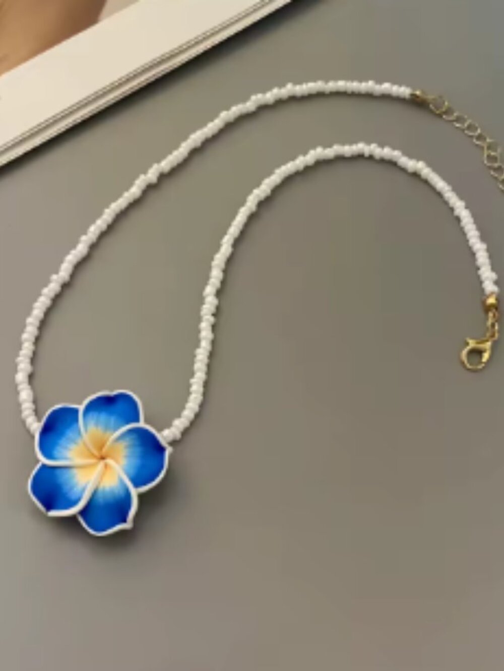 Blue Hawaii Flower and Bead Choker Necklace